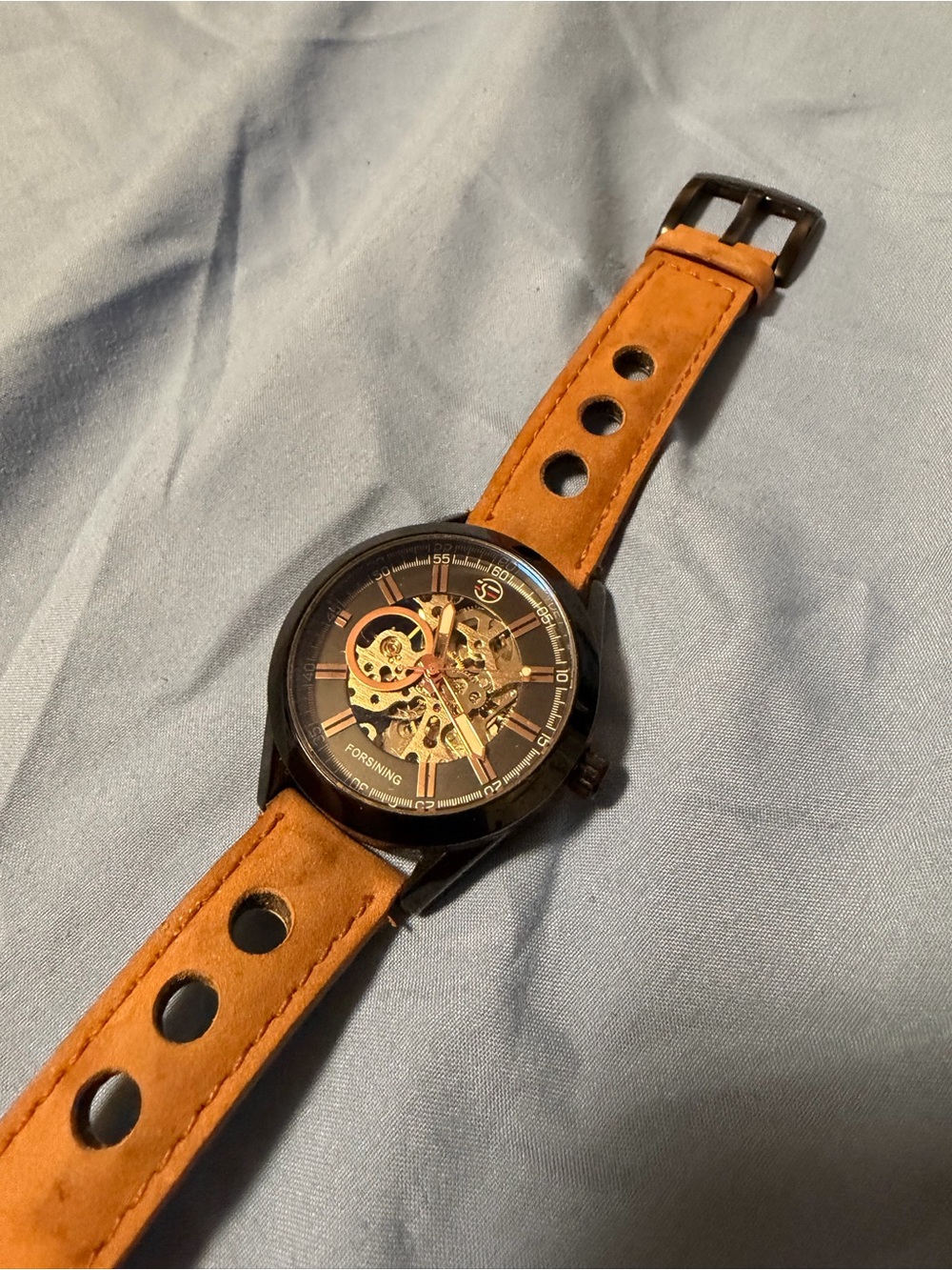 Men’s Tan Leather Skeleton Watch with Black Case